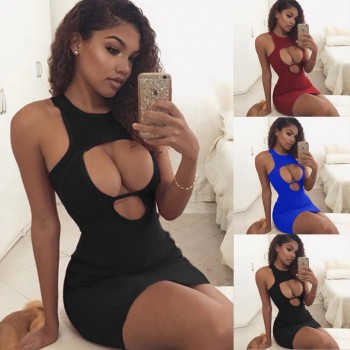 Sexy Red Bodycon Bandage Party Dress Women Sleeveless Halter Evening Club Short Mini Pencil Dress Chest Hollow Out Vestidos